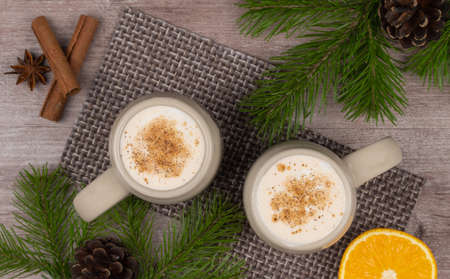 Traditional holiday drink eggnog. sweet drink based on raw chicken eggs and milk. Christmas cocktail with grated nutmeg and cinnamon. background of a spruce branch with cones. top view, copy space.の写真素材
