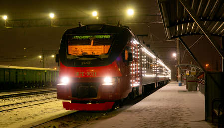 Russia, Krasnoyarsk, January 2021: Christmas train, a train with festive illumination.