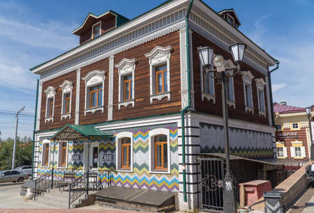 Russia, Irkutsk, August 2020: cafe in the Russian style. Russian restaurant, tavern building.のeditorial素材