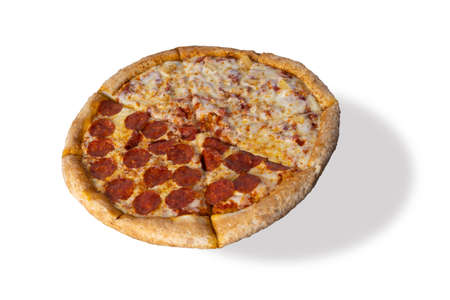 delicious pizza on a white background. Peperoni and Hawaiian, combined pizza in two parts. traditional Italian dish in the form of a thin round tortilla made of yeast dough and stuffed. fast foodの写真素材