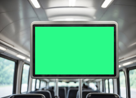 information board in the bus cabin. selective focus. advertising in public transport. screen on the bus, a place for advertising.の素材