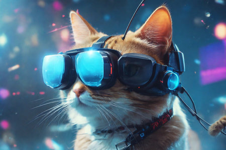 cat wearing virtual glasses and interacting with a virtual worldの素材