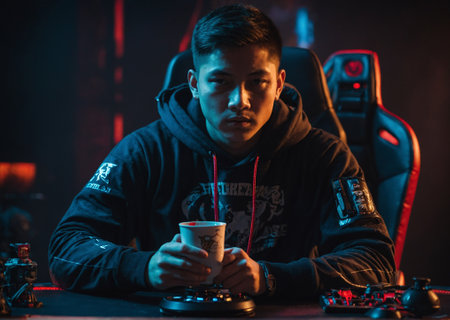 esports champion holds a cup and a joystick in his handsの素材