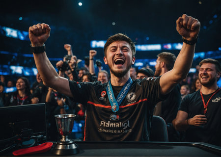 The esports champion has won and is rejoicing with joy. He holds a medal in his handの素材