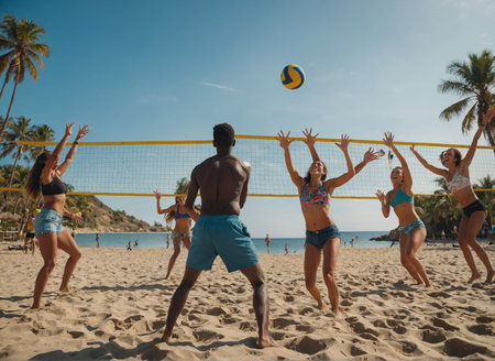 Friends playing beach volleyball on the beachの素材