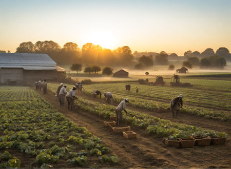 morning on a farm where farmers begin harvestingの素材