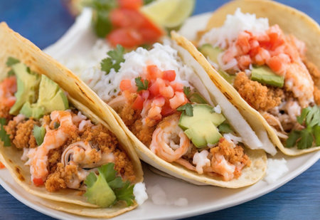 crispy tacos stuffed with seafood or meatの素材