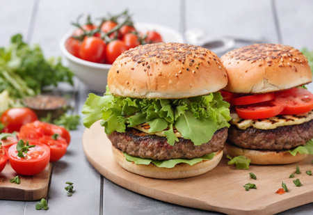Grilled burgers with juicy cutlet and fresh vegetablesの素材