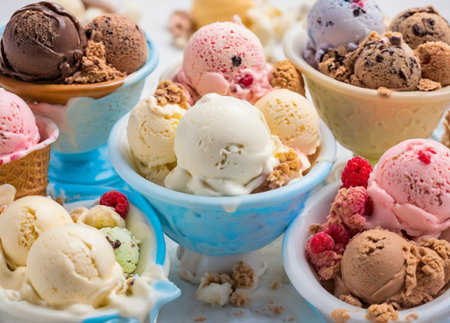 Ice cream with different flavors and toppingsの素材