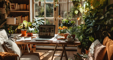 cozy home office with a laptop, books and plantsの素材