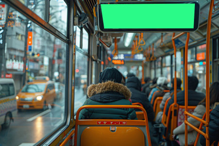 information board in the bus cabin. selective focus. advertising in public transport. screen on the bus, a place for advertising.の素材