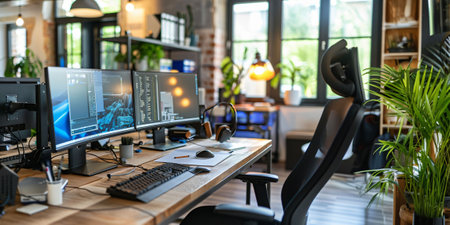 modern workplace with multiple monitors and an ergonomic chairの素材