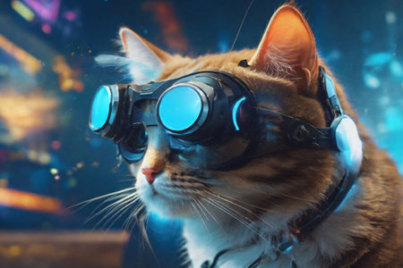 cat wearing virtual glasses and interacting with a virtual worldの素材