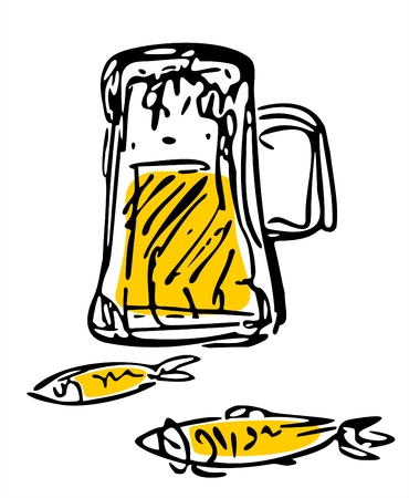 Stylized a mug of beer and two fishes on a white background.のイラスト素材