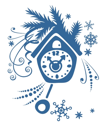 Dark blue cuckoo clock, fur-tree branch and snowflakes on a white background.のイラスト素材