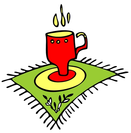 The red stylized cup on a green napkin with a decorative ornament.のイラスト素材