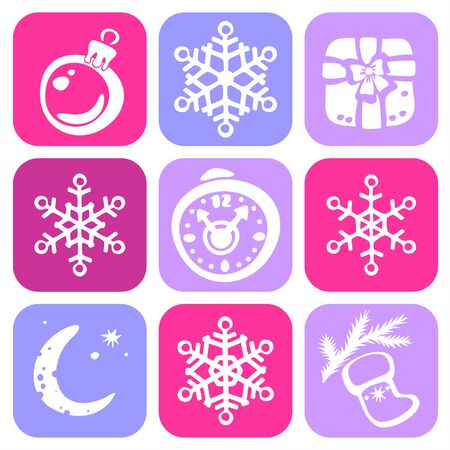 White Christmas symbols: snowflakes, fur-tree toys, clock and moon on a pink and violet background.のイラスト素材