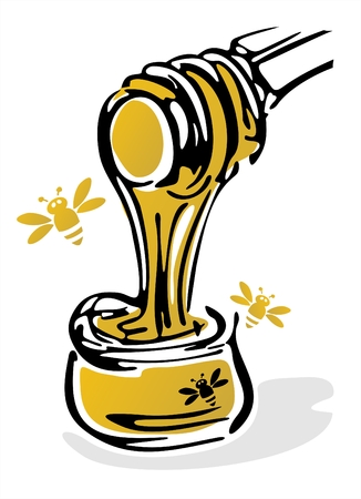 Stylized jar with honey, the spoon and bees on a white background.のイラスト素材