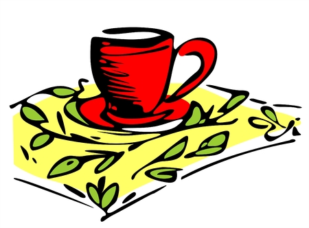 The stylized tea cup on a yellow napkin with green leaves.のイラスト素材