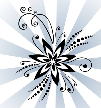 The black stylized flower on a background of dark blue and white beams.のイラスト素材