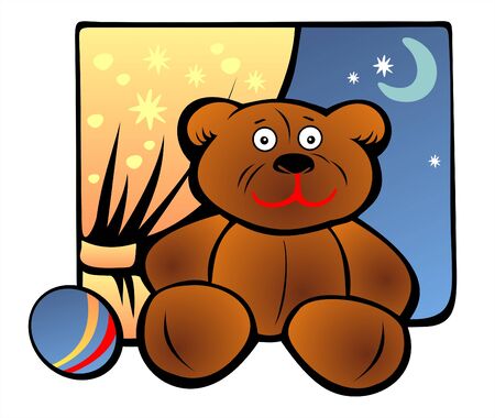 Toy bear and ball on a background of a curtain, the moon and the evening sky.のイラスト素材
