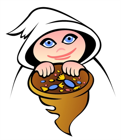The child in a fancy dress and a bag in hands demands sweets. Halloween illustration.のイラスト素材