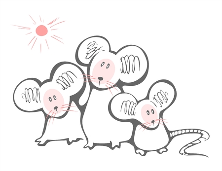 Three amusing white mousies and the stylized sun on a white background.のイラスト素材
