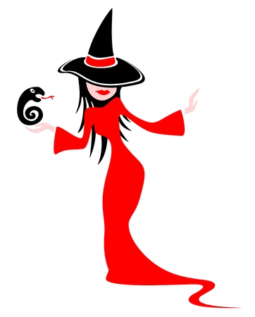 Witch in a red dress with the snake in a hand on a white background.のイラスト素材