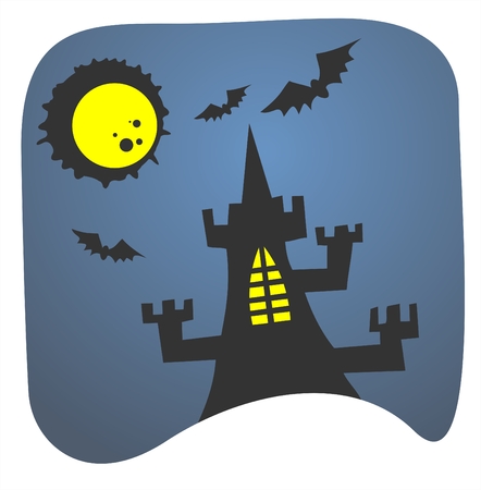 Black silhouette of a tower with shone windows on a background of the moon and the night sky.のイラスト素材