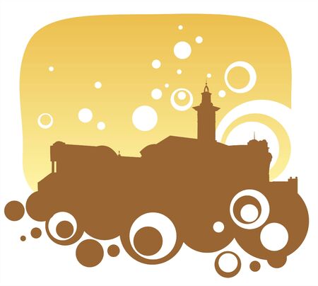 Bronze silhouette of a building on a background of the sky with circles and dots.のイラスト素材