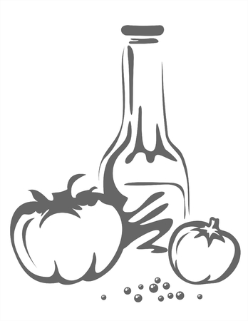 The stylized black-and-white image of ketchup and two tomatoes on a yellow background.のイラスト素材