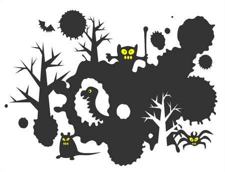 Halloween grunge black background with spots, monsters and trees.のイラスト素材