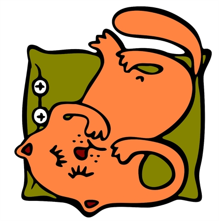 The red stylized cat sleeps on a pillow head over heels.のイラスト素材