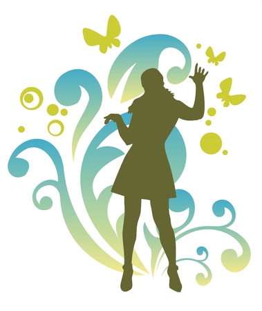 Dark female silhouette with blue decorative flower on a white background.のイラスト素材