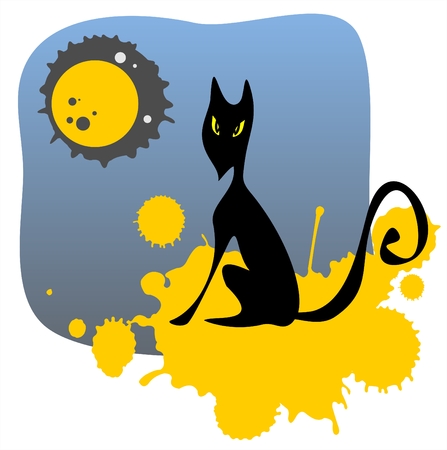 The black stylized cat on a background of the night sky, the moon and yellow grunge spots.のイラスト素材
