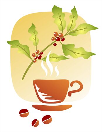 Branch of a coffee tree, cup and coffee grains on a white background.のイラスト素材