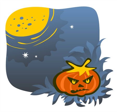 Gloomy pumpkin on a background of a grass, the moon and the night sky.のイラスト素材