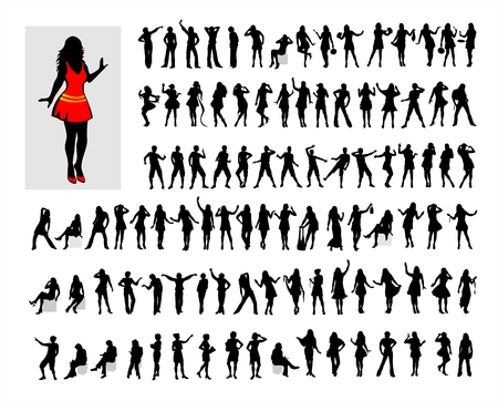 Hundred black female silhouettes on a white background.のイラスト素材