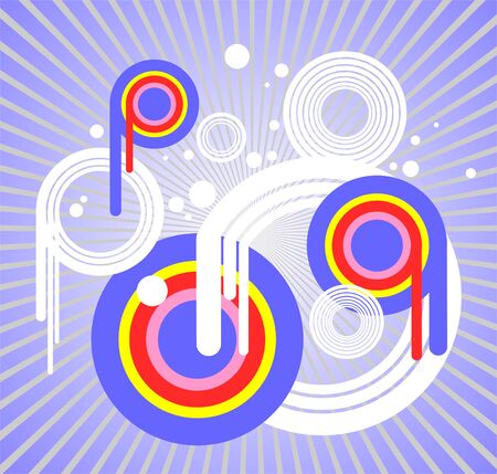 Abstract composition from violet, white, red and yellow circles on a striped background.のイラスト素材