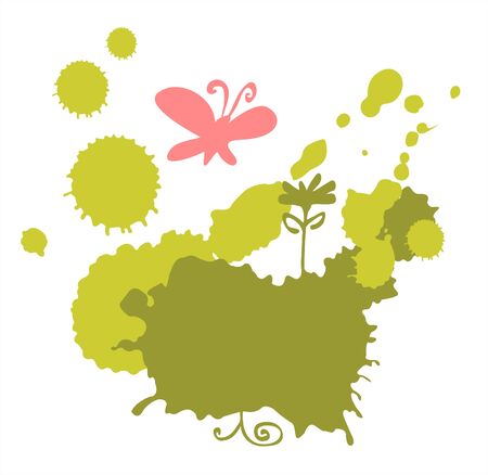 Green blots, flower and pink butterfly on a white background.のイラスト素材