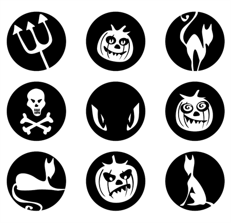 White silhouettes of pumpkins, cats, skull, trident and eyes on a black background. Symbols of a Halloween.のイラスト素材