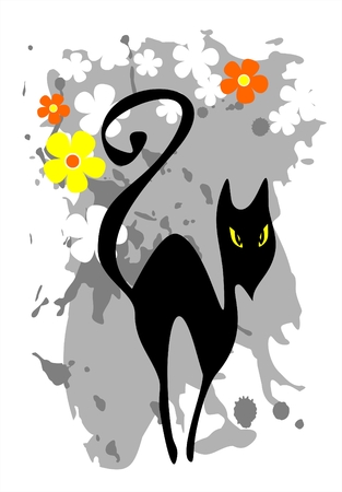 The stylized black cat on a grunge grey flower background.のイラスト素材
