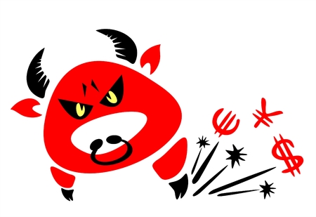 The red stylized bull beats out a hoof of money. A symbol of of game at stock exchange.のイラスト素材