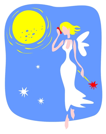 The modern fairy with a magic wand and phone on a background of the moon.のイラスト素材