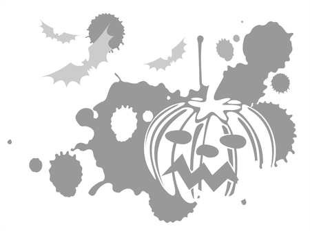 White silhouette of a pumpkin on a grey grunge background with bats.のイラスト素材