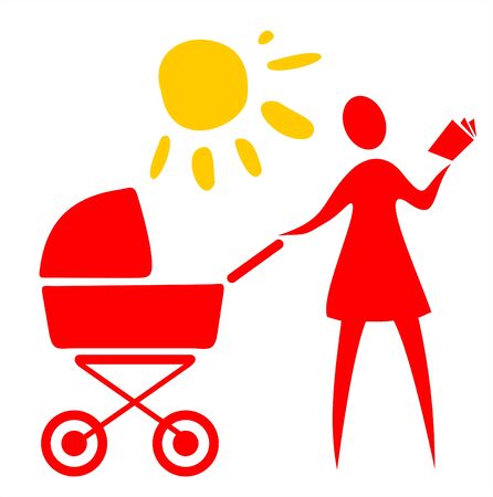 Symbolical figure of the woman with the  carriage reading the book on a background of the sun.のイラスト素材