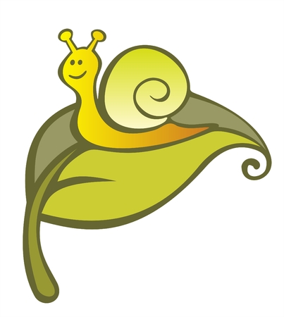 The amusing stylized snail on a green leaf. Digital illustration.のイラスト素材