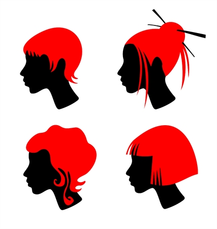 Four female heads with red hair and different hairdresses - short, long, classical and japanese.のイラスト素材