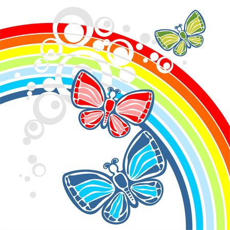 Three butterflies on a background of a rainbow and circles.のイラスト素材