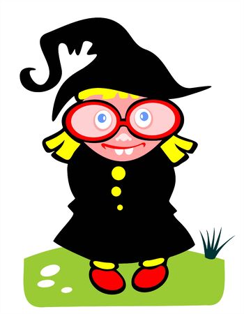 The amusing little girl in a suit of a witch on a white background. Halloween illustration.のイラスト素材